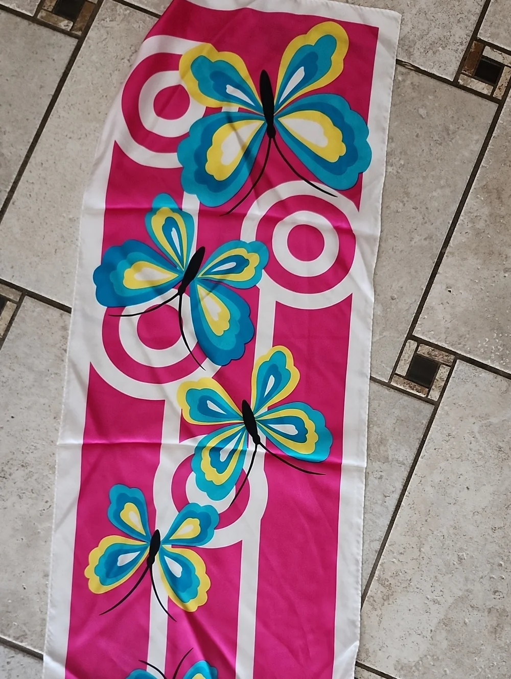 Adrienne Landau Pink Butterfly with Teal and Yellow Accents Silk Scarf